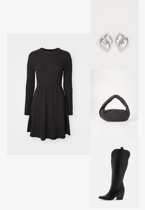 Dunkelgraues geripptes Strickkleid mit langen Ärmeln, rundem Ausschnitt, figurbetontem Oberteil und ausgestelltem Rock. Weicher Stoff, vielseitiges Design.; Schwarze kniehohe Stiefel aus Leder mit spitz zulaufender Zehenpartie und gestapeltem Absatz. Verfügt über dekorative Nähte und geschwungene Designelemente.; Dunkelgraue Stofftasche mit einem gebogenen Griff, weicher Textur und runder Form. Keine sichtbaren Beschläge oder Verzierungen.; Silberne Ohrringe mit einer organischen, abstrakten Form. Glatte, glänzende Oberfläche mit einem konischen Design. Mit dezenten Kurven und einem zentralen Linienelement.