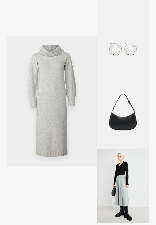 Vestido de punto gris con cuello de barco, mangas largas abullonadas y puños y dobladillo acanalados. El tejido parece suave y texturizado.; Top negro de manga larga, falda plisada gris claro con detalles de doble hebilla y botas negras de suela gruesa; bolso plateado con adornos.; Pieces PCALUANA SHOULDER BAG - Bolso de mano - black; Pendientes de aro de plata con un acabado pulido, que presentan una forma circular y un cierre de gancho. Textura suave con detalles mínimos.