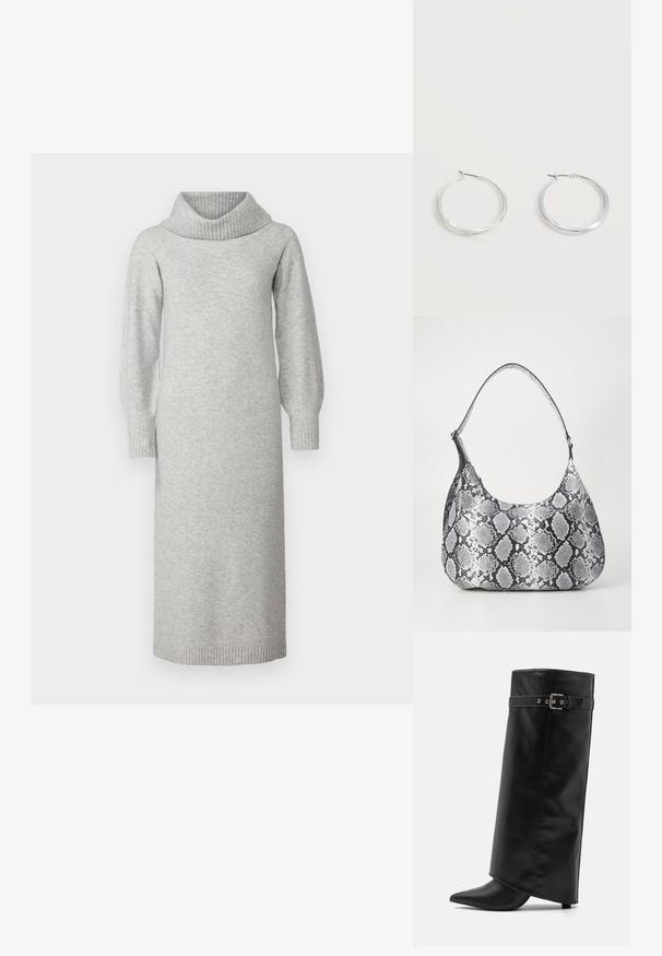 Vestido de punto gris con cuello de barco, mangas largas abullonadas y puños y dobladillo acanalados. El tejido parece suave y texturizado.; Even&Odd Botas de tacón - black; Bolso de hombro con estampado de serpiente en blanco y negro, de forma redondeada, textura suave y correa curvada. Presenta un acento de hardware plateado.; Pendientes de aro de metal plateado con superficie lisa y ligeramente curvada y cierre de tipo mosquetón sobre un fondo blanco liso.