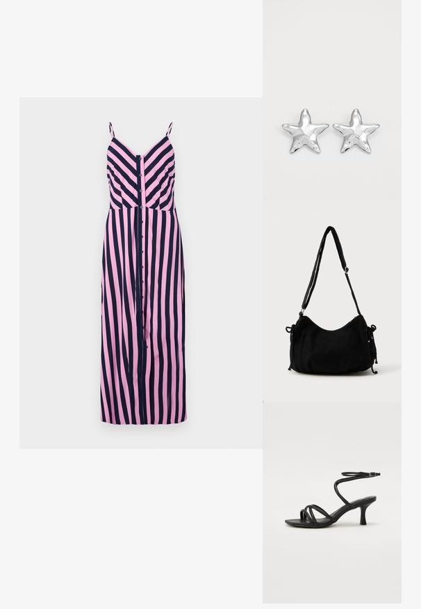 Ribadee, millel on vertikaalsed roosa ja tumesinised triibud, õhukesed reguleeritavad õlassaapad ja nööpidega eesmine disain. Sile kangastekstuuri.; Even&Odd Wide Fit by Zalando Sandaalid - black; Must mustru toodetud õunnaga õlakott, millel on kaarjas kuju, reguleeritav rihm ja kummitõmbemehhanismid mõlemal küljel suuruse kohandamiseks.; Hõbedased tähtkujulised kõrvarõngad, millel on poleeritud, sile pind. Iga kõrvarõnga puhul on viie tipuga ja peene pindade tekstuuriga detailid.