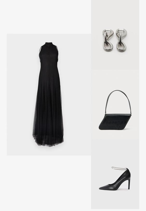 Vestido largo negro con cuello alto, diseño sin mangas y capa de tul transparente. Presenta un patrón texturizado sutil en toda su superficie.; Zapato de tacón alto de cuero negro con puntera afilada, que presenta una delgada correa de tobillo de cadena plateada y una textura elegante y suave.; Bolso de hombro de cuero negro con forma triangular, logo en relieve y una sola correa ajustable. Diseño minimalista con textura suave.; Par de pendientes de metal con acabado plateado y diseño abstracto de bucles entrelazados sobre un fondo blanco.