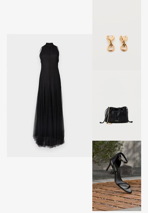 Vestido largo negro con cuello alto, diseño sin mangas y capa de tul transparente. Presenta un patrón texturizado sutil en toda su superficie.; Sandalia negra de tacón alto con correa en el tobillo, parece suspendida sobre un suelo de baldosas de madera al aire libre, con un fondo difuminado de vegetación y piedra.; Bolso de mano negro de cuero plisado con cordón ajustable, cadena dorada como asa y un pequeño detalle horizontal dorado en la parte frontal.; Par de pendientes de aro con acabado dorado brillante sobre fondo blanco liso, con diseño entrelazado y torsionado.