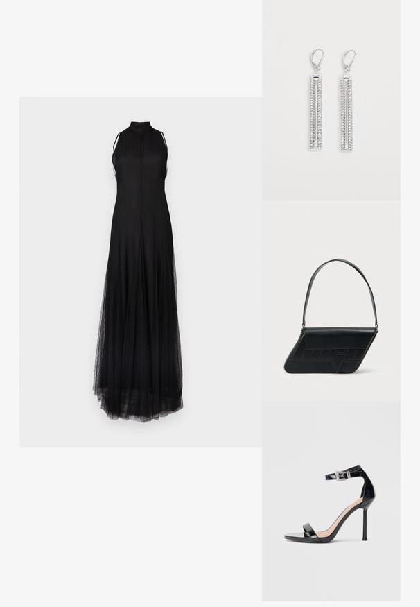 Lang sort kjole med høj halsudskæring, ærmeløs design og gennemsigtigt tyl-overflade. Har et diskret teksturmønster over det hele.; Sort højhælet sandal i laklæder med ankelrem. Har minimalistisk design, åben tå og spænde med rhinsten-detaljer.; Sort skuldertaske i læder med trekantet form, præget logo og en enkelt justerbar rem. Minimalistisk design med glat tekstur.; Sølv øreringe med to forlængede stænger, hver sat med små, klare rhinsten i et lineært mønster. Lever-back lukning.