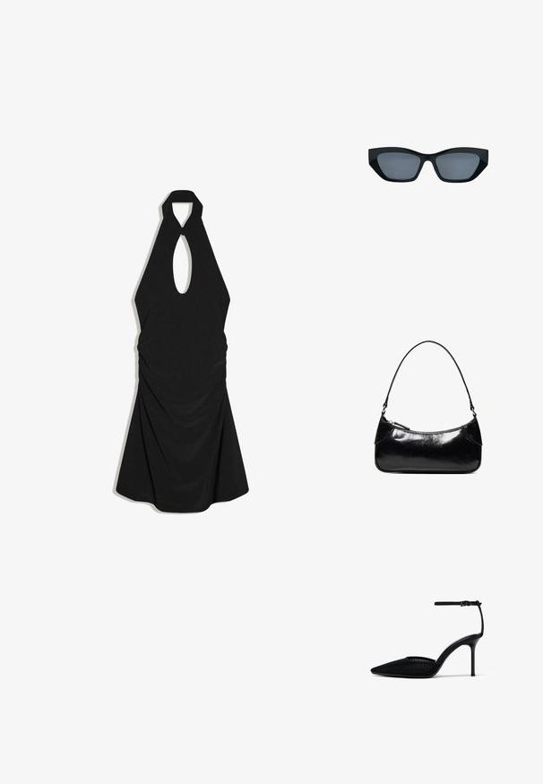 Robe noire à col licou avec découpe clé à l'avant et détails en tissu drapé, longueur genou avec silhouette trapèze.; Escarpin noir à bout pointu avec côtés en mesh et fine bride de cheville à fermeture par boucle.; Lunettes de soleil noires style œil de chat avec des montures épaisses et des verres teintés foncés, présentées sur fond blanc.; Sac à épaule en cuir noir brillant avec un seul compartiment zippé et une fine bandoulière arquée.