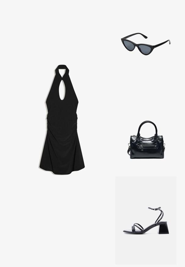 Robe noire à col licou avec découpe clé à l'avant et détails en tissu drapé, longueur genou avec silhouette trapèze.; Sandale noire à brides ouvertes avec boucle à la cheville et talon bloc, vue de côté sur un fond clair uni.; Lunettes de soleil noires en forme d'œil de chat avec des verres gris foncé, monture en plastique élégante, coins pointus et branches droites. Pas de métal visible ni d'accents.; Sac à main en cuir noir brillant avec deux poignées, poche avant zippée et bandoulière amovible sur fond blanc.