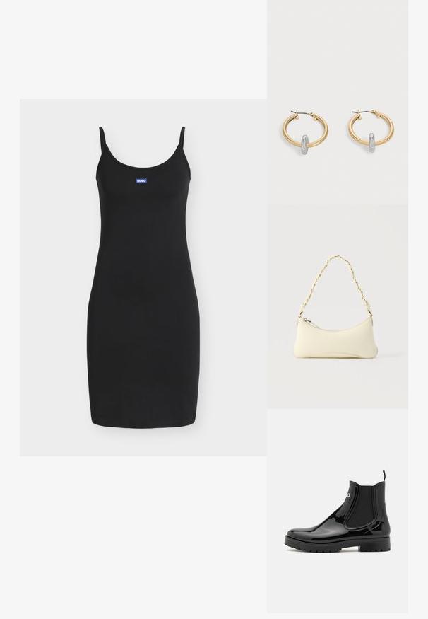 Robe noire ajustée sans manches avec fines bretelles et petit patch rectangulaire bleu avec logo centré sur la poitrine portant la mention "HUGO".; HUGO TABITA - Bottes en caoutchouc - black; Petit sac à main couleur crème avec une forme incurvée et une poignée en chaîne torsadée ton or, fermeture éclair sur le dessus; Paire de boucles d'oreilles créoles dorées avec un petit détail boucle ton argent sur chaque, exposées sur fond gris clair.