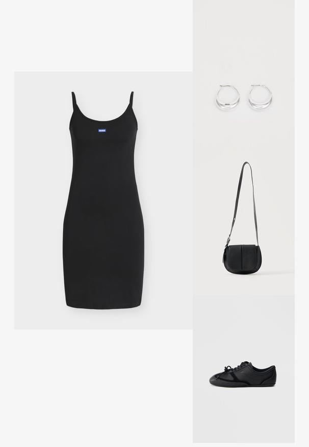 Robe noire ajustée sans manches avec fines bretelles et petit patch rectangulaire bleu avec logo centré sur la poitrine portant la mention "HUGO".; Baskets basses noires à lacets avec une finition lisse et brillante, coutures minimales et semelle plate sur un fond uni.; Sac bandoulière en cuir noir texturé avec fond arrondi, rabat avant et bandoulière réglable avec boucle métallique.; Boucles d'oreilles en argent avec une finition polie et un branding DKNY, présentées sur un fond blanc uni.