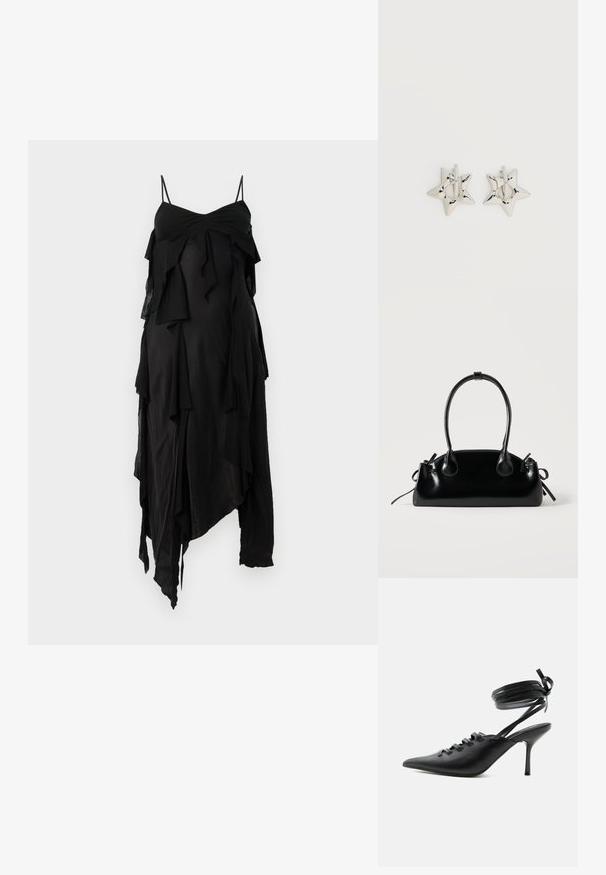 Robe noire à fines bretelles, avec des volants superposés et un ourlet asymétrique. Confectionnée dans un tissu léger au toucher doux.; Chaussure à talon haut noire à bout pointu avec laçage à l'avant et brides enroulées autour de la cheville nouées en nœud, vue de côté sur fond blanc.; Petit sac à main noir brillant avec deux longues anses et des détails à cordon sur les côtés sur un fond clair uni.; Boucles d’oreilles créoles en forme d’étoile argentée avec une finition lisse et polie sur un fond blanc uni.