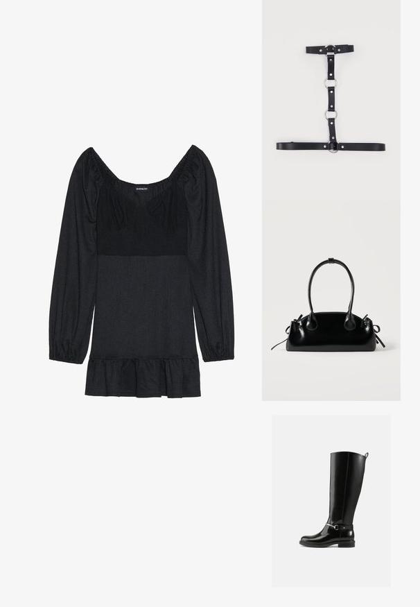 Top negro con escote cuadrado y mangas abullonadas. Hecho de una tela texturizada, con un dobladillo acampanado. Diseño simple sin patrones ni acentos.; Botas negras hasta la rodilla hechas de cuero brillante, con un detalle de hebilla plateada en el tobillo y un diseño de punta redondeada. Suela plana.; Pequeño bolso negro brillante con dos asas largas y detalles de cordón lateral sobre un fondo claro liso.; Arnés de cuero sintético negro con anillos y remaches de metal plateado, con correas ajustables organizadas en un diseño vertical y horizontal.