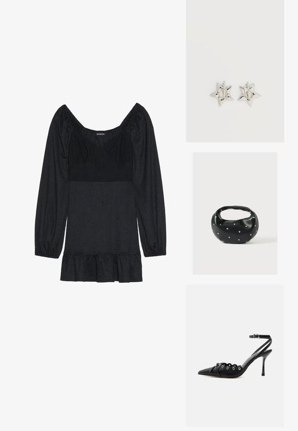 Top negro con escote cuadrado y mangas abullonadas. Hecho de una tela texturizada, con un dobladillo acampanado. Diseño simple sin patrones ni acentos.; Zapato de tacón alto negro con punta fina, bordes ondulados, ojales metálicos, cordones delanteros y una correa en el tobillo con cierre de hebilla.; Bolso de mano de cuero negro con forma redondeada, decorado con detalles de tachuelas plateadas y un asa corta. Textura lisa y cierre con cremallera.; Pendientes de aro plateados en forma de estrella con un acabado liso y pulido sobre un fondo blanco liso.