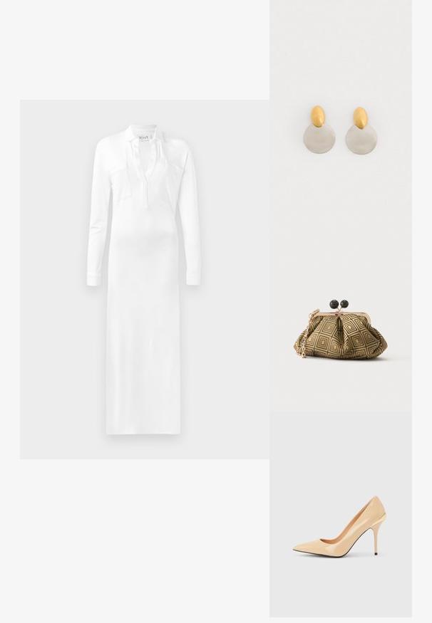 Witte lange mouw jurk met een kraag en twee borstzakken, gemaakt van soepel materiaal dat tot de grond valt. Inclusief een knoopsluiting.; Beige lakleren pump met hoge hak, spitse neus en slanke stilettohak, met een klein gouden accent aan de achterkant.; Kleine clutch tas met goud-zwart geometrisch patroon, goudkleurig metalen frame, zwarte bolsluiting en een korte gouden kettingband.; Gouden en zilveren metalen oorbellen met een ronde schijfbasis en een ovale bovenstuk, gladde textuur en gepolijste afwerking.