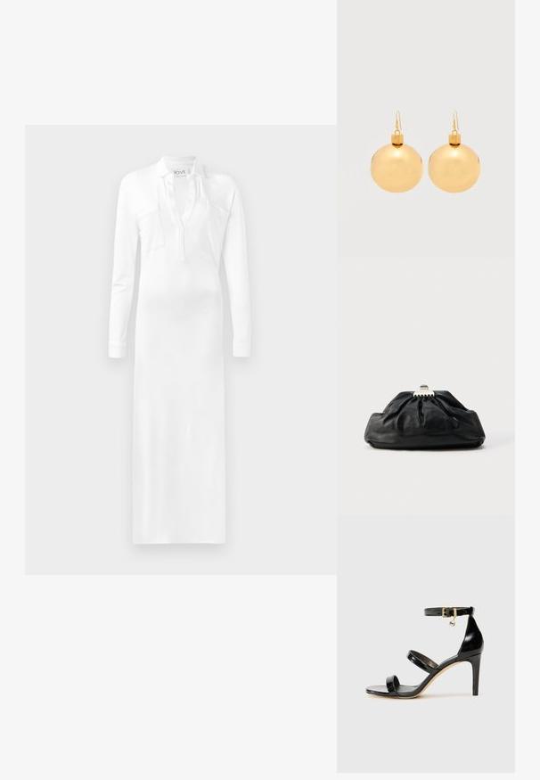 Robe blanche à manches longues avec un col et deux poches poitrine, fabriquée en tissu lisse qui tombe jusqu'au sol. Comprend une ouverture à patte.; Sandale en cuir verni noir avec trois brides, boucle de cheville et talon aiguille de 10 cm. Présente un détail en métal doré et un charm logo.; Pochette en cuir noir avec une texture plissée, fermeture à fermoir métallique, et logo embossé discret sur le devant. Forme arrondie.; Paire de boucles d'oreilles boule de Noël dorées brillantes avec fermoirs à crochet sur fond blanc uni.