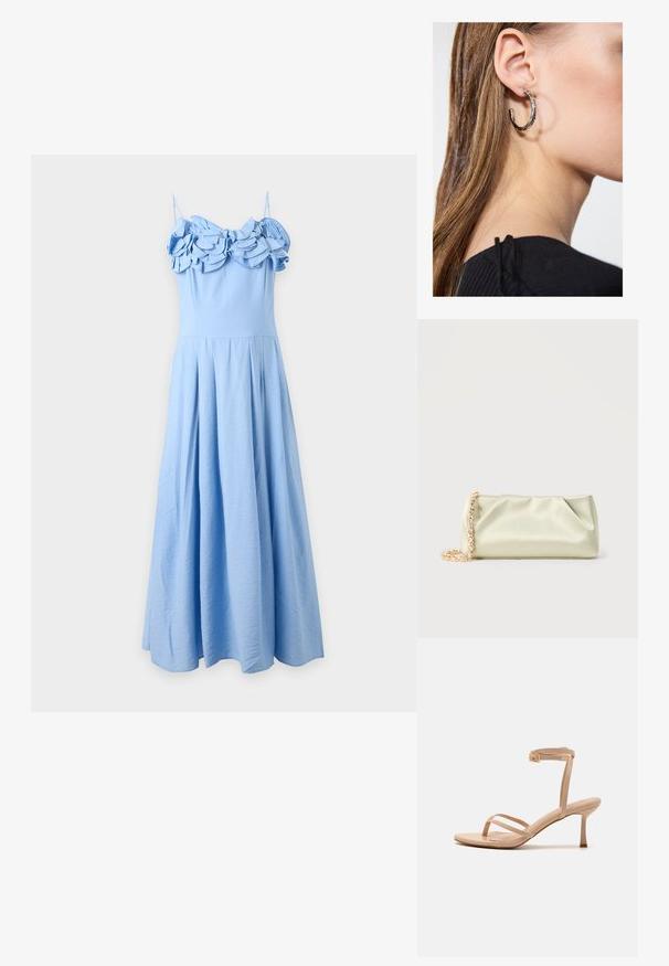 Light blue sleeveless maxi dress with thin straps and layered ruffle detailing on the fitted bodice, flowing skirt below the waist.; Nude strappy high-heeled sandals with a thin ankle strap and a tapered heel. Made of smooth material with minimalistic design and no patterns.; Soft light green satin clutch bag with gold and crystal chain strap, rectangular shape with gentle folds on a plain background.; Silver hoop earring with a polished finish, featuring small gold accent details and a round shape, worn on the lobe.