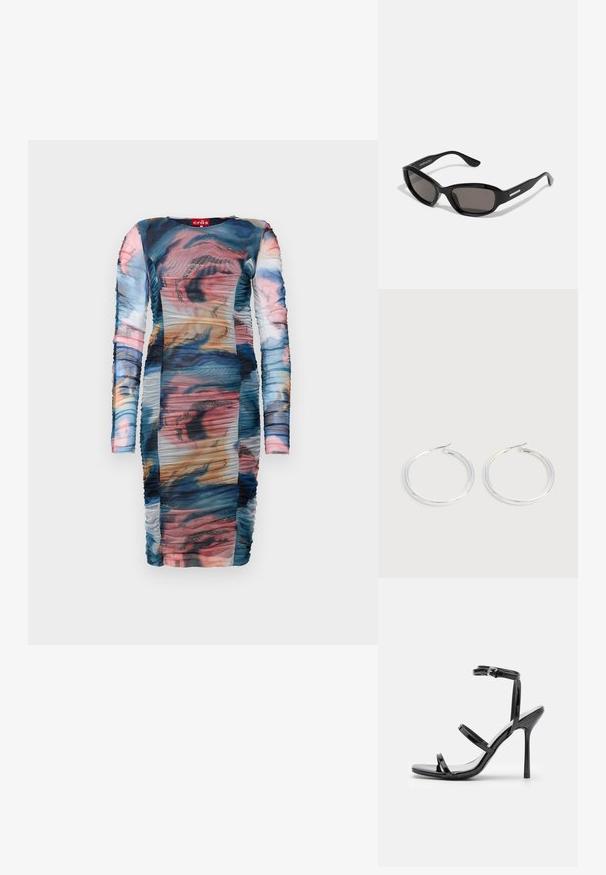 Robe à manches longues arborant un motif abstrait multicolore avec des fronces. Fabriquée en tissu transparent et lisse avec des accents brillants.; Sandales à talons hauts en cuir verni noir avec trois sangles horizontales et une sangle de cheville ajustable. Silhouette élégante et finition brillante.; Lunettes de soleil noires avec une monture rectangulaire, des verres sombres, un matériau plastique lisse et un accent métallique sur la branche.; Paire de boucles d'oreilles créoles argentées brillantes avec fermoirs en fil fin, présentée sur un fond gris clair.