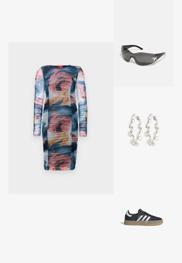 Vestido de manga larga con un patrón abstracto multicolor y fruncidos. Hecho de una tela suave y transparente con toques brillantes.; Zapatilla deportiva de cuero negro con tres rayas plateadas, punta texturizada y suela de goma. Cuenta con un collar acolchado y un diseño con cordones.; Gafas de sol negras con diseño envolvente, lentes oscuros, acentos brillantes en forma de estrella y almohadillas nasales ajustables.; Pendientes de aro de plata retorcida con un acabado liso y reflectante y un cierre seguro. El diseño presenta un patrón en espiral para un detalle adicional.