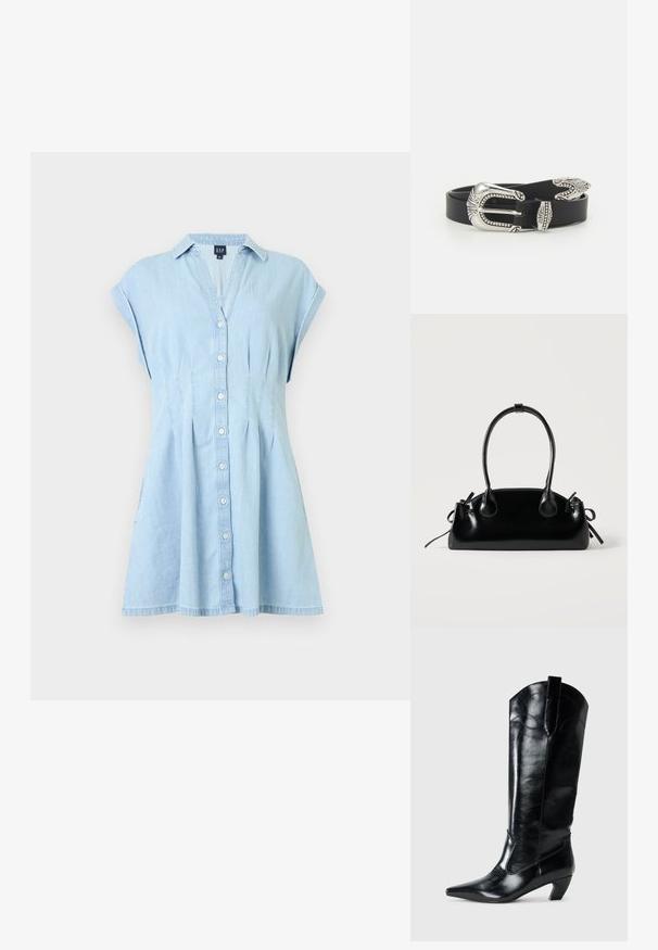 Robe courte en denim bleu clair à manches courtes avec des boutons sur le devant, un col et une jupe légèrement évasée.; Bottes en cuir noir montantes jusqu'au genou, avec une pointe effilée, un talon bas, et des détails de couture décoratifs sur les côtés. Fini lisse et brillant.; Petit sac à main noir brillant avec deux longues anses et des détails à cordon sur les côtés sur un fond clair uni.; Ceinture en cuir noir avec une grande boucle en métal argenté dotée de détails complexes et d'accents décoratifs à chaque extrémité.
