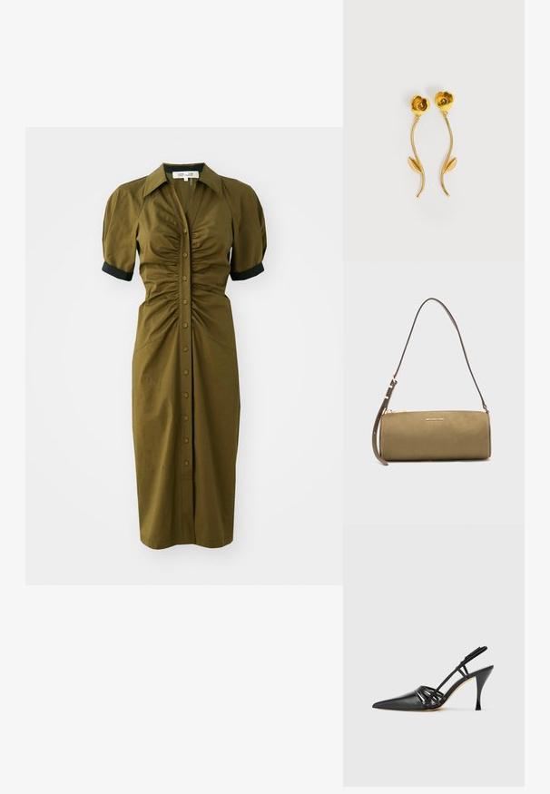 Vestido verde olivo de longitud media con un diseño ajustado, mangas cortas abullonadas, cuello añadido y cierre de botones en la parte delantera. Acentos en las mangas en negro.; Zapato de tacón alto de charol negro con punta afilada, diseño de tiras entrecruzadas y tacón de aguja delgado. Textura suave y acentos mínimos.; Bolso de mano cilíndrico de cuero verde oliva con una correa delgada y ajustable y el logo dorado de Michael Kors en el frente.; Pendientes de tono dorado con forma de flores, tallos curvados y una única hoja en cada tallo, sobre un fondo blanco.