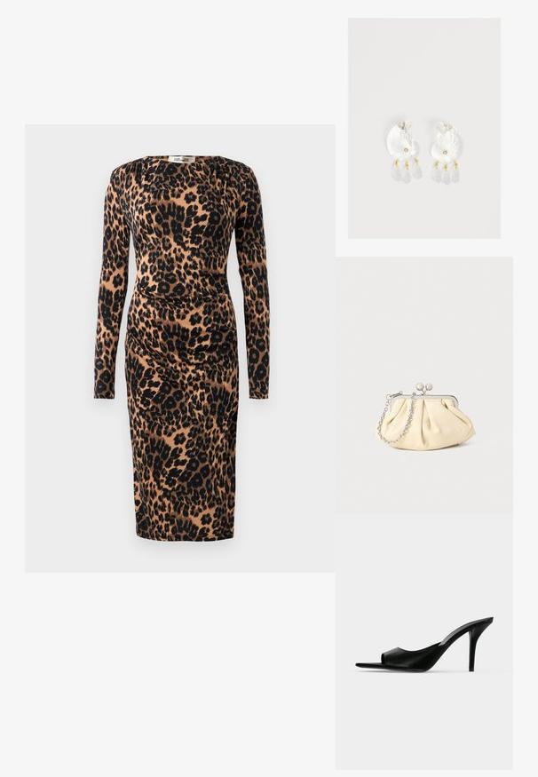 Langsleeve, jurk tot de knie met gerimpelde taille in bruine en zwarte luipaardprint stof.; Zwarte leren mule met open teen en hoge slanke naaldhak, zijaanzicht tegen een effen achtergrond.; Geplooide beige leren clutch met een zilveren metalen frame, voorzien van twee ronde decoratieve sluitingen en een zilveren kettingriem.; Duidelijke hars oorbellen in schelpvorm met kleine gouden accenten en drie hangende doorschijnende druppelvormige bedels aan elk oorbel.