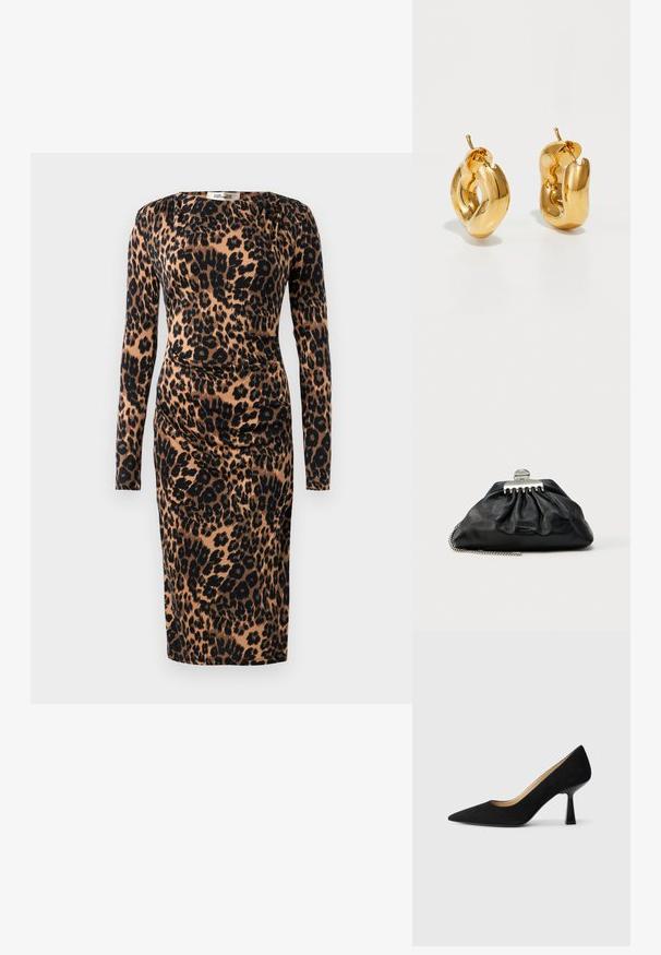 Langærmet kjole i knælængde med rynket talje i brunt og sort leopardprintet stof.; Sorte ruskinds højhælede pumps med spids tå, der har en blank sort blokhæl og en glat indvendig foring.; Sort læderclutch med samlet design, sølv hardware-lås og kæderem. Diskret logo præget foran.; Chunky guld hoop øreringe med et let snoet, rørformet design og postsystem bagpå, på en hvid baggrund.