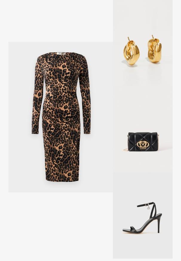 Langærmet kjole i knælængde med rynket talje i brunt og sort leopardprintet stof.; Sort hæl-sandal med smal ankrem, firkantet tå-boks, glat lædermateriale og metalspænde som pynt.; Sort quiltet læderhåndtaske med guldkædestrop og gyldent Love Moschino-logo foran i midten.; Chunky guld hoop øreringe med et let snoet, rørformet design og postsystem bagpå, på en hvid baggrund.