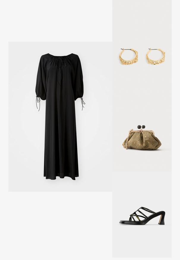 Robe longue noire avec des manches larges et un décolleté arrondi. Présente des liens à coulisse au niveau du cou et des poignets. Fabriquée en tissu léger et lisse.; Sandale à talon noire à bout ouvert avec fines brides croisées vert-noir et un talon bloc évasé sur fond blanc.; Petite pochette avec motif géométrique doré et noir, cadre en métal doré, fermeture à boule noire et une courte chaîne dorée.; Paire de boucles d’oreilles créoles couleur or avec embossage floral et feuillage orné sur un fond neutre.