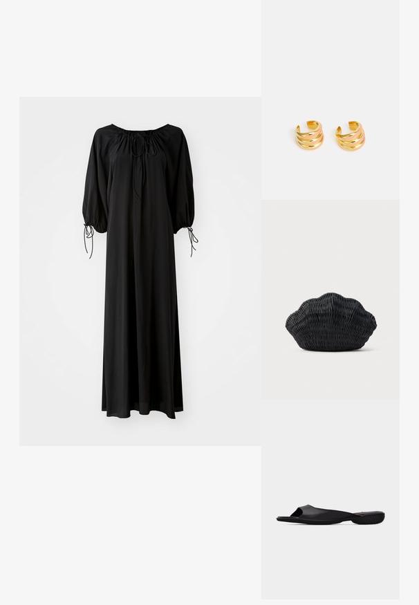 Robe longue noire avec des manches larges et un décolleté arrondi. Présente des liens à coulisse au niveau du cou et des poignets. Fabriquée en tissu léger et lisse.; Sandale noir à enfiler à bout ouvert avec semelle texturée et design minimaliste, vue de côté sur un fond gris clair uni.; Sac à main en osier noir en forme de coquille Saint-Jacques avec un dessus courbé et une texture tressée sur un fond uni.; MISHO SUME - Boucles d'oreilles - gold-coloured/salmon pink