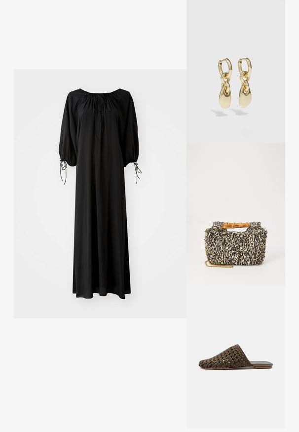 Robe longue noire avec des manches larges et un décolleté arrondi. Présente des liens à coulisse au niveau du cou et des poignets. Fabriquée en tissu léger et lisse.; Mule tissée marron à enfiler avec une semelle plate et un bout fermé arrondi sur fond blanc.; Sac tissé avec un motif texturé noir et crème, une poignée en bambou et une bandoulière en chaîne dorée amovible. Forme rectangulaire compacte.; Boucles d'oreilles en or en forme de créoles, avec un design en maillons et des accents lisses en forme de goutte d'eau. Fini réfléchissant qui améliore l'attrait visuel.