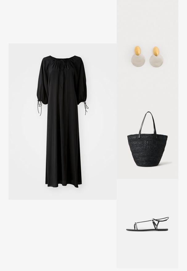Robe longue noire avec des manches larges et un décolleté arrondi. Présente des liens à coulisse au niveau du cou et des poignets. Fabriquée en tissu léger et lisse.; Sandale plate noire avec fines lanières, une boucle pour les orteils et une boucle de cheville ajustable sur un fond gris clair.; Sac cabas tissé noir avec deux fines poignées en cuir et un logo tressé discret à l'avant, posé sur un fond clair.; Boucles d'oreilles en métal doré et argenté avec une base en disque rond et une pièce supérieure ovale, texture lisse et finition polie.