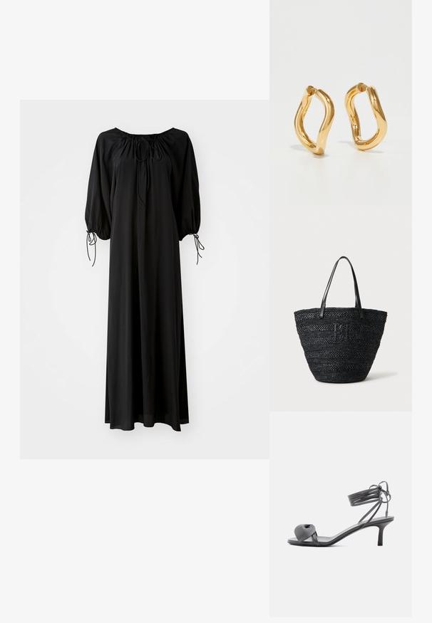 Robe longue noire avec des manches larges et un décolleté arrondi. Présente des liens à coulisse au niveau du cou et des poignets. Fabriquée en tissu léger et lisse.; Sandale à talon en cuir gris avec une bride nouée sur les orteils et des lacets enroulants autour de la cheville, sur un talon moyen et fin, sur fond blanc.; Sac cabas tissé noir avec deux fines poignées en cuir et un logo tressé discret à l'avant, posé sur un fond clair.; Boucles d'oreilles en forme de cerceau de couleur dorée avec une forme courbée et irrégulière et une texture lisse et polie. Aucun matériel ou accent visible.