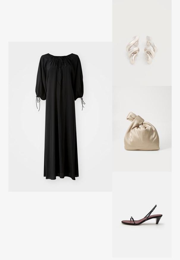Robe longue noire avec des manches larges et un décolleté arrondi. Présente des liens à coulisse au niveau du cou et des poignets. Fabriquée en tissu léger et lisse.; Sandale à talon noire avec de fines brides et une petite boucle décorative. La semelle intérieure est d'une couleur bordeaux contrastante, avec un talon conique élancé.; Sac en satin beige avec un haut noué, présentant une texture douce et lisse ainsi qu'une forme arrondie, conçu pour être simple et élégant.; Boucles d'oreilles clips en métal argenté torsadé avec une finition lisse et brillante, présentant un design moderne et abstrait en spirale.