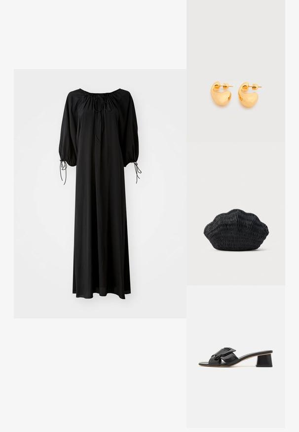 Robe longue noire avec des manches larges et un décolleté arrondi. Présente des liens à coulisse au niveau du cou et des poignets. Fabriquée en tissu léger et lisse.; Sandales à glissière en cuir noir avec une large sangle ornée de chaînes, bout ouvert et talon géométrique haut. Texture lisse et design minimaliste.; Sac à main en osier noir en forme de coquille Saint-Jacques avec un dessus courbé et une texture tressée sur un fond uni.; Paire de petites boucles d'oreilles clous épaisses en métal doré avec des formes lisses, courbes et abstraites sur un fond clair.