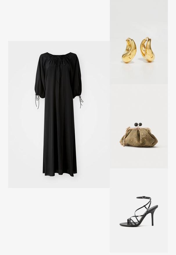 Robe longue noire avec des manches larges et un décolleté arrondi. Présente des liens à coulisse au niveau du cou et des poignets. Fabriquée en tissu léger et lisse.; Sandale noire à talons hauts avec des brides fines, une boucle à la cheville, une surface en cuir lisse et un talon aiguille élancé.; Petite pochette avec motif géométrique doré et noir, cadre en métal doré, fermeture à boule noire et une courte chaîne dorée.; Boucles d'oreilles en or en forme de d'anneaux lisses et courbés avec une finition polie. Équipées d'un mécanisme de fermeture et de légères indentations pour le détail.