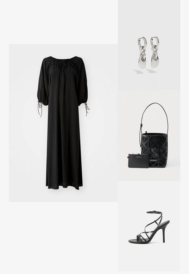 Robe longue noire avec des manches larges et un décolleté arrondi. Présente des liens à coulisse au niveau du cou et des poignets. Fabriquée en tissu léger et lisse.; Sandale noire à talons hauts avec des brides fines, une boucle à la cheville, une surface en cuir lisse et un talon aiguille élancé.; Sac à main noir de style seau avec un design géométrique découpé et une petite pochette zippée assortie, tous deux de la marque Emporio Armani.; Boucles d'oreilles en argent avec des maillons ovales allongés, présentant une finition polie et un pendentif tombant texturé. Design simple avec des bords lisses.