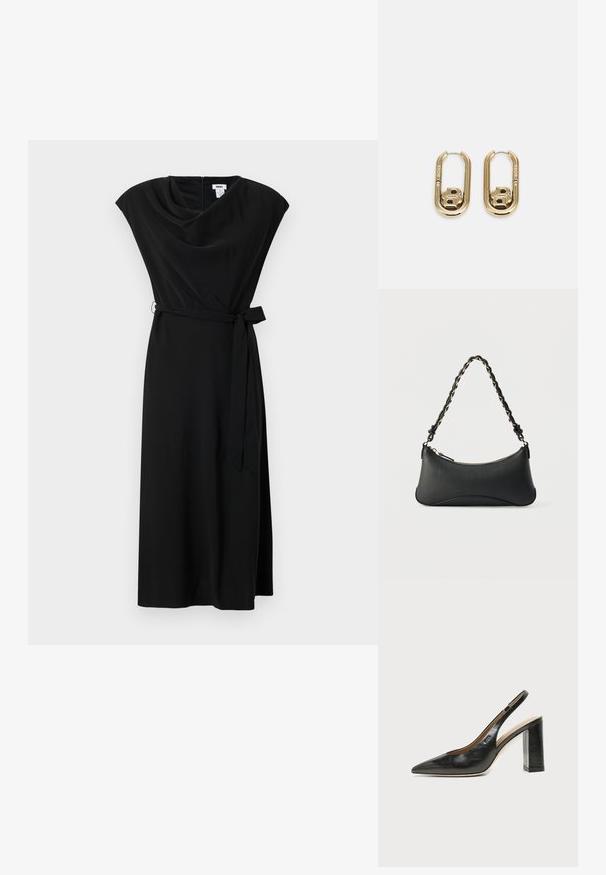 Robe noire avec un col drapé, des manches courtes à capuche, une ceinture nouée à la taille et une silhouette fluide de mi-longueur.; Chaussure slingback en cuir noir à bout pointu avec un talon bloc haut et une doublure intérieure beige sur un fond clair uni.; Sac à bandoulière en cuir noir de forme rectangulaire incurvée, avec une chaîne dorée tissée dans la bandoulière noire tressée et une fermeture éclair sur le dessus.; BOSS DOUBLE B SWING - Boucles d'oreilles - gold-coloured