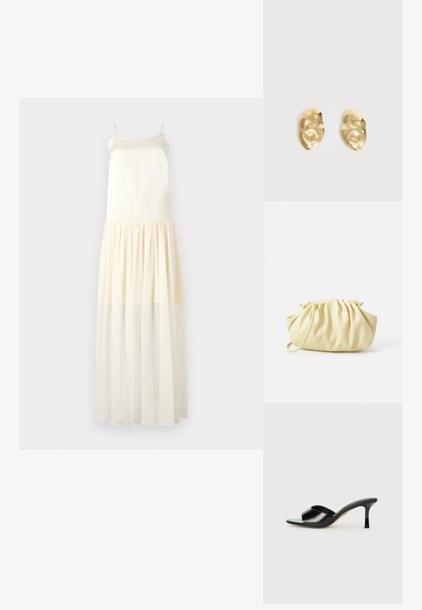 Vestido largo con tirantes finos, parte superior en tela similar a la seda y una falda de gasa fluida y en capas de color beige claro.; Mules de tacón alto de cuero negro con diseño de punta descubierta y una amplia correa superior curva. Textura suave y silueta elegante.; Bolso amarillo plisado hecho de cuero sintético suave, con una forma blanda y una sola correa para el hombro, además de un diseño de parte superior recogida.; Par de pendientes de metal dorado brillante, con forma irregular y superficie arrugada y lisa sobre un fondo claro y sencillo.