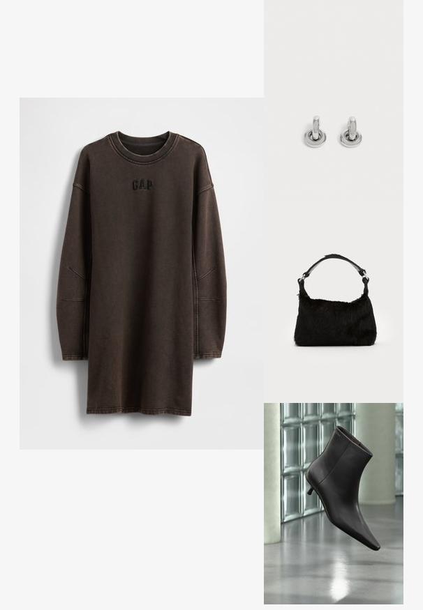 Robe sweat-shirt oversize marron en matière douce, avec un col rond et un logo "GAP" brodé sur la poitrine.; Bottine en cuir noir avec bout pointu et petit talon, présentée devant un mur en blocs de verre et un sol poli.; Sac à main en fausse fourrure noire avec une texture douce, une forme arrondie et une bandoulière en cuir noir robuste. Accent en métal argenté visible.; Paire de petites boucles d'oreilles créoles argentées brillantes avec une base ronde, présentées sur un fond clair uni.