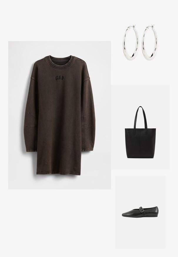 Brun oversized sweatshirt-kjole lavet af blødt materiale, med rund halsudskæring og broderet "GAP"-logo på brystet.; Sorte læder flade sko med spidse tæer, prydet med en metallisk spænde over vristen og en lav, fleksibel sål.; Sort tote taske lavet af tekstureret materiale, med to lange håndtag og et enkelt, minimalistisk design uden synligt hardware.; Sølvøreringe i form af hoops med en glat, blank finish. Cirkulær form, der har en sikker lås. Simpelt og elegant design.
