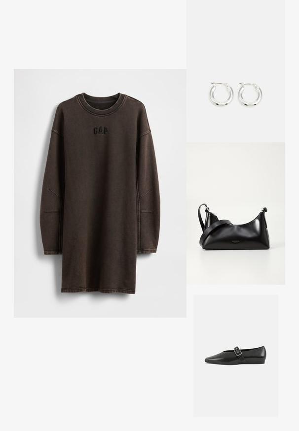 Brun oversized sweatshirt-kjole lavet af blødt materiale, med rund halsudskæring og broderet "GAP"-logo på brystet.; Sorte læder flade sko med spidse tæer, prydet med en metallisk spænde over vristen og en lav, fleksibel sål.; Sort læderhåndtaske med en glat tekstur. Har en justerbar stropp og et enkelt, minimalistisk design med lynlås.; Sølv hoop-øreringe med en poleret finish, der har en cirkulær form og en hængslet lukning. Glat tekstur med minimal detaljering.