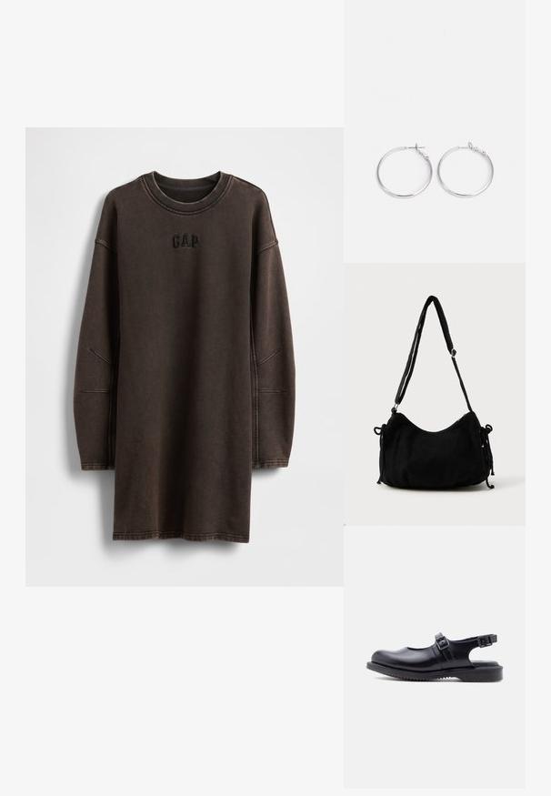 Bruine oversized sweatshirtjurk gemaakt van zacht materiaal, met een ronde halslijn en een geborduurd "GAP"-logo op de borst.; Zwart leren Mary Jane-schoen met twee verstelbare gespsluitingen en een dikke, gegroefde rubberen zool.; Zwarte corduroy schoudertas met een gebogen vorm, een verstelbare schouderband en trekkoordsluitingen aan beide zijkanten voor maataanpassing.; sweet deluxe EARRING - Oorbellen - silver-coloured