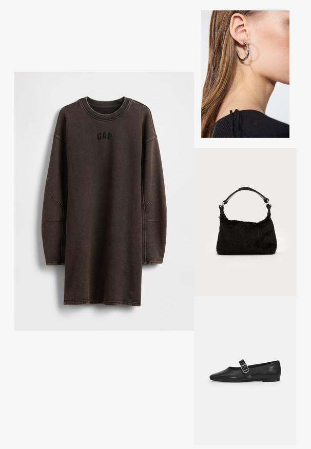 Hnedé oversize mikinové šaty z mäkkého materiálu, s okrúhlym výstrihom a vyšívaným logom "GAP" na hrudi.; Čierna kožená plochá obuv s okrúhlym nosom, jedným nastaviteľným pásikom so sponou a hladkým, lesklým povrchom. Minimalistický dizajn s nízkym podpätkom.; Čierna kabelka z umelého kožušiny s jemnou textúrou, zaobleným tvarom a pevným čiernym koženým ramenným popruhom. Viditeľné akcenty zo strieborného kovu.; Strieborná kruhová náušnica s lesklým povrchom, obsahujúca malé zlaté akcenty a okrúhly tvar, nosená na lalôčiku ucha.