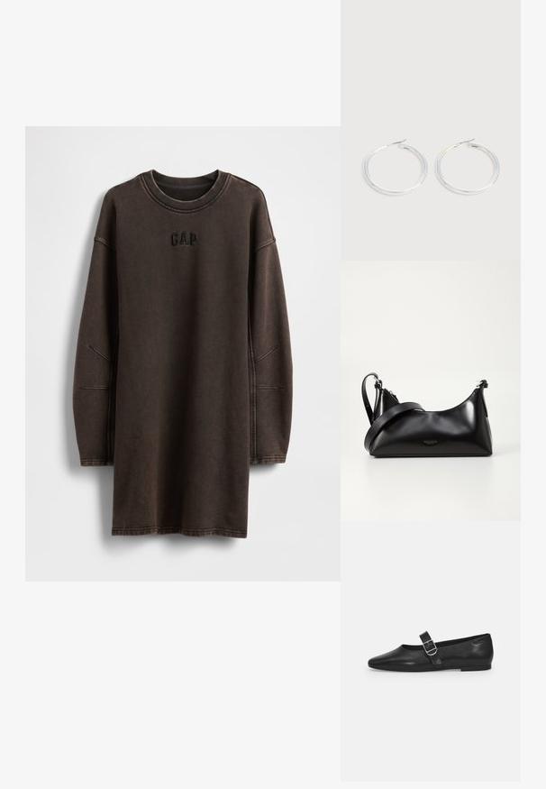 Braunes oversized Sweatshirt-Kleid aus weichem Material mit Rundhalsausschnitt und besticktem "GAP"-Logo auf der Brust.; Schwarzer Lederflatschuh mit runder Zehenform, einem verstellbaren Schnallenriemen und einer glatten, glänzenden Oberfläche. Minimalistisches Design mit einem niedrigen Absatz.; Schwarze lederne Handtasche mit glatter Textur. Verfügt über einen verstellbaren Riemen und ein elegantes, minimalistisches Design mit einem Reißverschluss.; Paar glänzende silberne Creolen mit dünnen Drahtverschlüssen, dargestellt vor einem hellgrauen Hintergrund.
