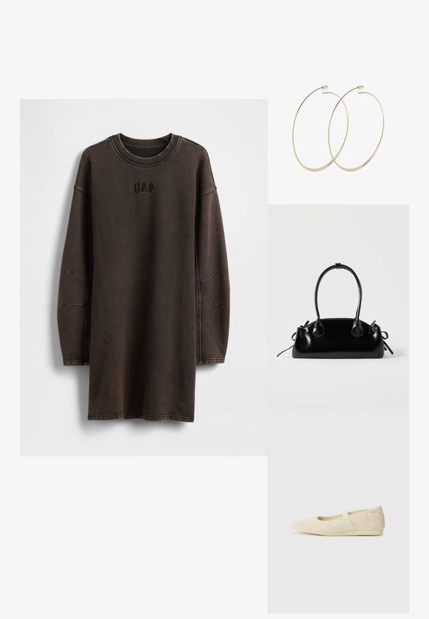 Robe sweat-shirt oversize marron en matière douce, avec un col rond et un logo "GAP" brodé sur la poitrine.; Ballerines beiges avec une exterior en cuir lisse, un bout en forme d'amande et une sangle élastique sur le coup de pied, avec des détails de couture subtils.; Petit sac à main noir brillant avec deux longues anses et des détails à cordon sur les côtés sur un fond clair uni.; Pilgrim Boucles d'oreilles - gold-coloured