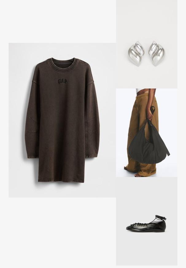 Vestido sudadera marrón de gran tamaño hecho de material suave, con cuello redondo y logo bordado "GAP" en el pecho.; Zapatos planos tipo ballet de charol negro con punta redondeada, diseño con cordones y suela plana. Textura lisa con detalles mínimos.; Persona con pantalones marrones de pata ancha y top blanco sosteniendo un gran bolso negro blando por la correa a su lado.; Pendientes de plata con una forma orgánica y abstracta. Superficie lisa y brillante con un diseño cónico. Presentan suaves curvas y un detalle de línea central.