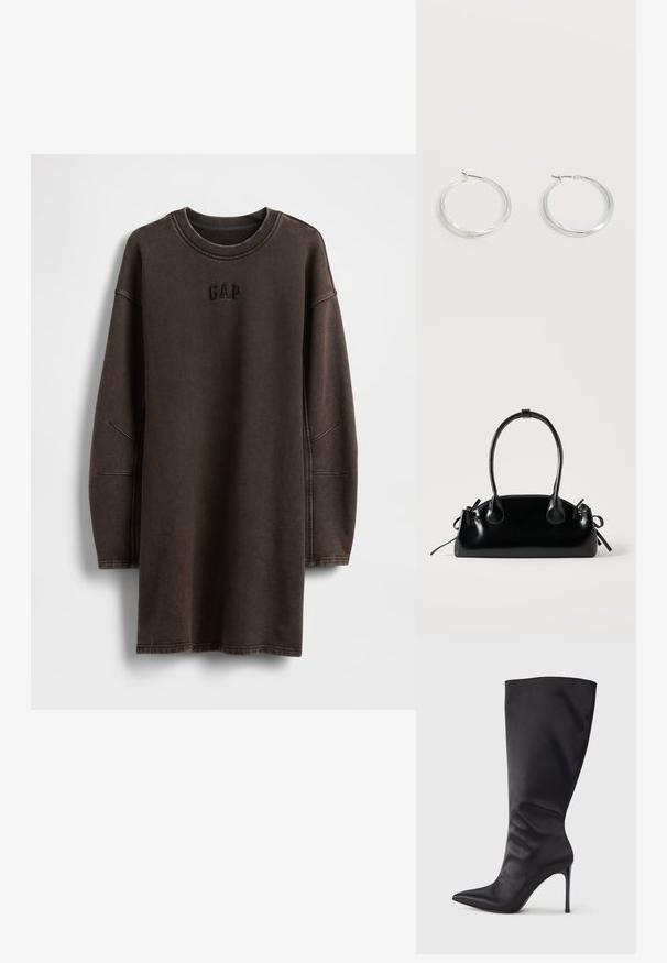 Robe sweat-shirt oversize marron en matière douce, avec un col rond et un logo "GAP" brodé sur la poitrine.; Botte noire haute jusqu'aux genoux en cuir verni lisse et élégant ; bout pointu ; ajustée avec un léger froncé près de la cheville ; talon brillant.; Petit sac à main noir brillant avec deux longues anses et des détails à cordon sur les côtés sur un fond clair uni.; Boucles d’oreilles créoles en métal argenté avec une surface lisse légèrement incurvée et des fermoirs à clapet sur un fond blanc uni.