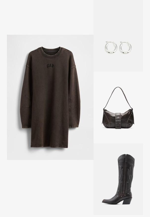 Bruine oversized sweatshirtjurk gemaakt van zacht materiaal, met een ronde halslijn en een geborduurd "GAP"-logo op de borst.; Bruine leren cowboylaarzen met vlamstiksels, zijrits, zilveren studs, spits toelopende neus en gestapelde hak.; Bruine leren schoudertas met een gebogen vorm, voorzien van een opvallende gespdetail, contrasterende stiksels en een enkele schouderband.; Zilveren oorbellen in de vorm van een ring met een gepolijste afwerking, met een cirkelvorm en een scharnierende postsluiting. Glad oppervlak met minimale details.