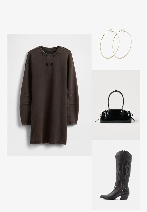 Bruine oversized sweatshirtjurk gemaakt van zacht materiaal, met een ronde halslijn en een geborduurd "GAP"-logo op de borst.; Bruine leren cowboylaarzen met vlamstiksels, zijrits, zilveren studs, spits toelopende neus en gestapelde hak.; Kleine zwarte glanzende handtas met twee lange hengsels en zijkant trekkoord details op een effen lichte achtergrond.; Pilgrim Oorbellen - gold-coloured