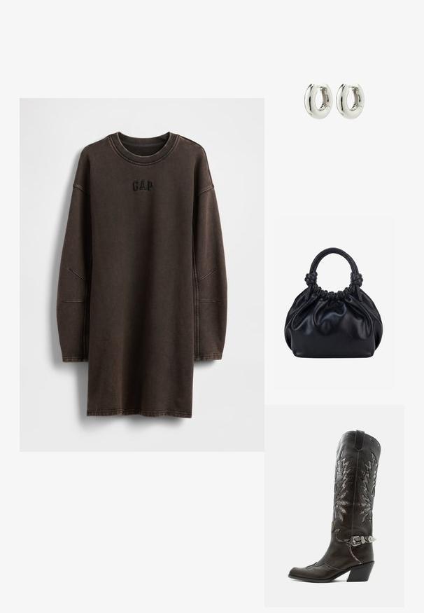 Bruine oversized sweatshirtjurk gemaakt van zacht materiaal, met een ronde halslijn en een geborduurd "GAP"-logo op de borst.; Zwarte leren cowboylaars met decoratieve uitsnijdingen, zilveren gesp en schuine hak, weergegeven op een witte achtergrond.; Zwarte zachte leren handtas met geplooide bovenkant en twee dikke handvatten die in knopen zijn gestrikt tegen een effen lichte achtergrond.; Zilveren creolen met een glad, afgerond ontwerp en een glanzende afwerking. Voorzien van een eenvoudige scharnier sluiting voor gemakkelijk dragen.