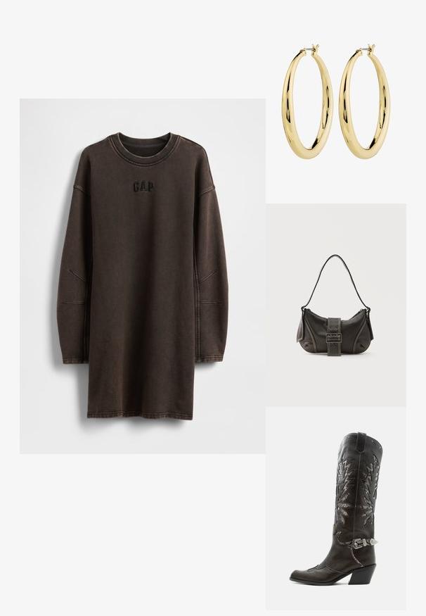 Brun oversized sweatshirt-kjole lavet af blødt materiale, med rund halsudskæring og broderet "GAP"-logo på brystet.; Sort læder cowboystøvle med dekorative udskæringer, sølvspænde og skrå hæl, vist på hvid baggrund.; Sort læder skuldertaske med spænde på remmen, afrundede kanter og kontrasterende hvide syninger på en ensfarvet baggrund.; Guld hoops øreringe med en glat, poleret overflade. Cirkelformet, med en sikker lås på toppen. Overfladen reflekterer lys.