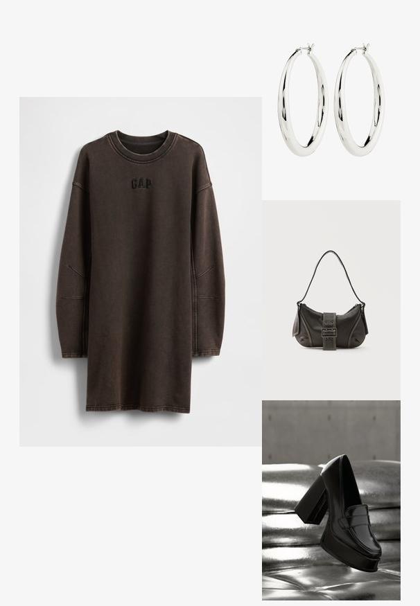 Robe sweat-shirt oversize marron en matière douce, avec un col rond et un logo "GAP" brodé sur la poitrine.; Mocassin à plateforme en cuir verni noir avec un talon bloc épais flottant au-dessus d'une surface matelassée métallique brillante.; Sac à épaule en cuir noir avec une sangle à boucle, des bords arrondis et des coutures blanches contrastées sur un fond uni.; Boucles d'oreilles en argent en forme de halo, avec une surface lisse et réfléchissante. Forme ronde et large avec un fermoir sécurisé en haut. Fini poli mettant en valeur l'éclat.