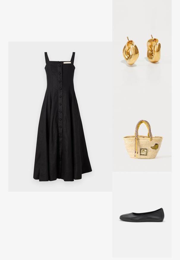 Vestido negro con tirantes gruesos, escote cuadrado y falda A-line completa. Cierre delantero de botones y tejido texturizado. Cremallera trasera visible.; Bailarina de piel negra con punta redondeada, textura suave, detalle de costura minimalista y diseño de suela flexible.; Bolso tote de paja tejido con asas trenzadas amarillas y beige, decorado con un parche de plátano y un pequeño diseño de pez enmarcado en la parte delantera.; Pendientes de aro grueso en oro con un diseño tubular ligeramente retorcido y cierre de presión, sobre un fondo blanco.